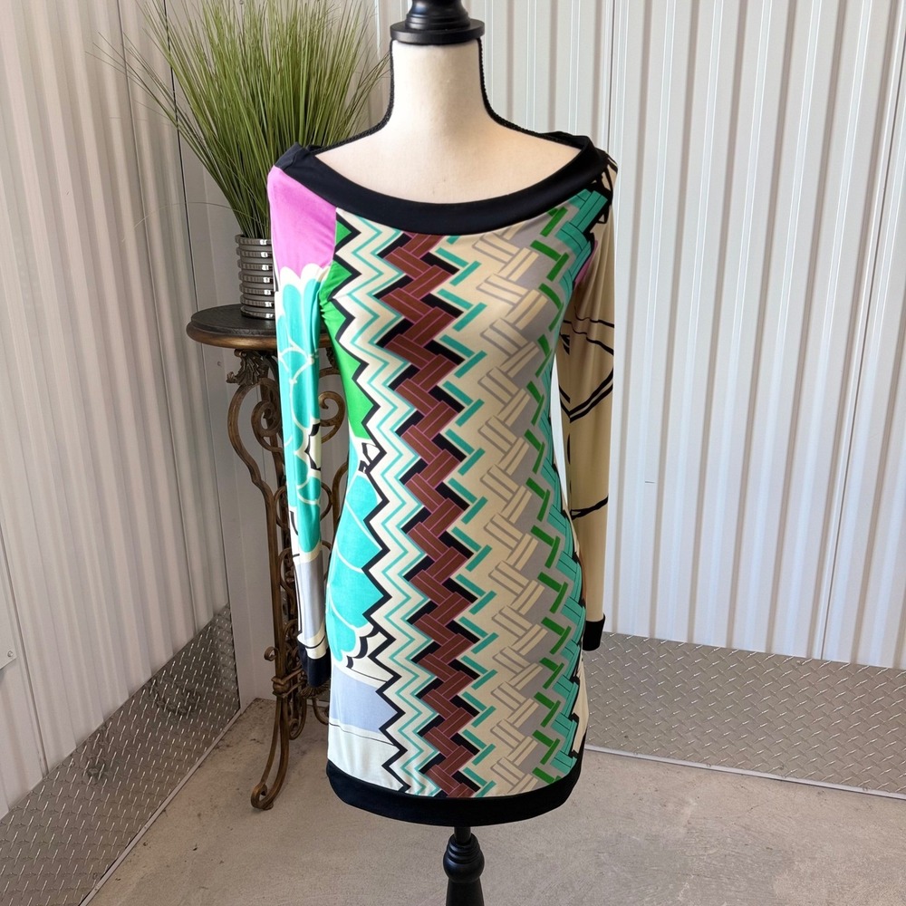 Analili Geometric Print Mini Dress Womens XS Multicolor Excellent Long Sleeve